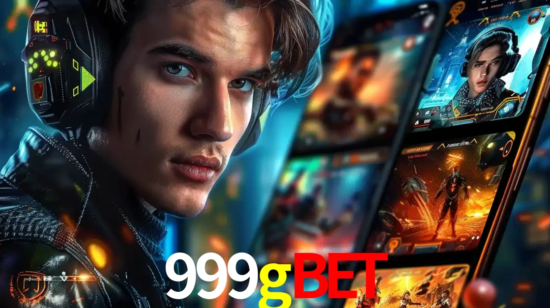 Jovem jogador com fones de ouvido olhando para a câmera, com um aplicativo de jogos e e-sports para celular ao fundo, pronto para a competição e apostas no 999gbet.