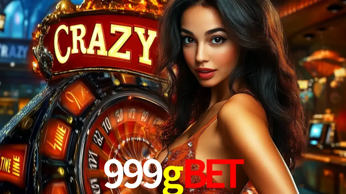 Mulher glamourosa olhando para a câmera com a roda vermelha do Crazy Time ao fundo em um ambiente de cassino, destacando a emoção dos jogos ao vivo no 999gbet.