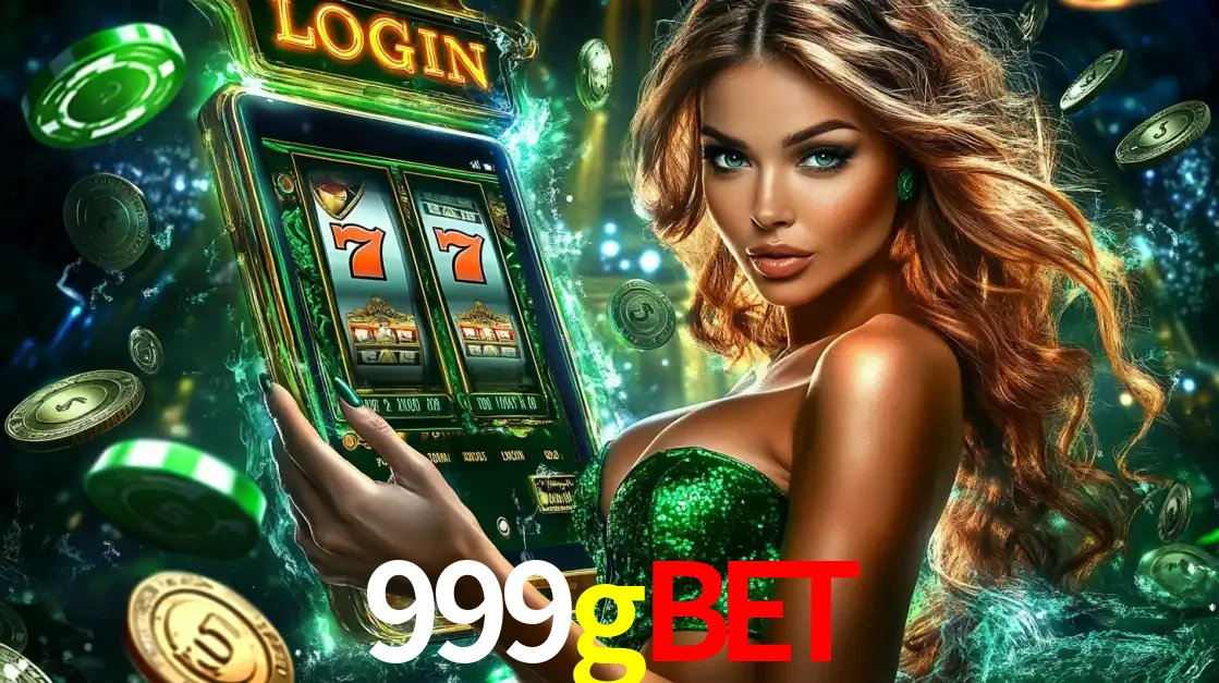 Mulher com tema verde apresentando o aplicativo do cassino 999gbet com um jogo de slot de 777, cercada por fichas de cassino e uma aura de sorte.