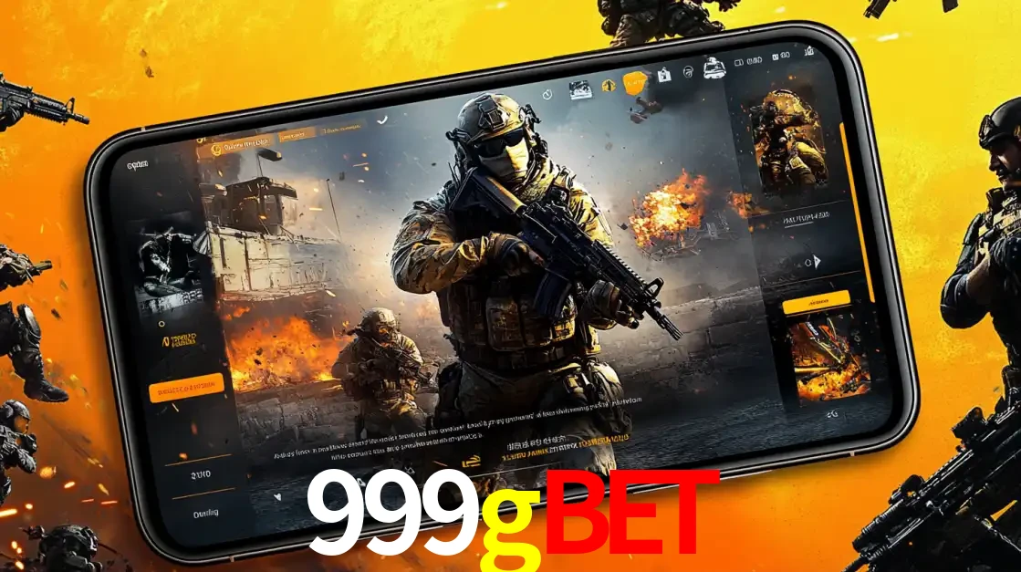 Um smartphone exibindo a interface de um jogo de tiro em primeira pessoa, com um soldado em um cenário de batalha, representando a ação dos e-sports para apostar no 999gbet.