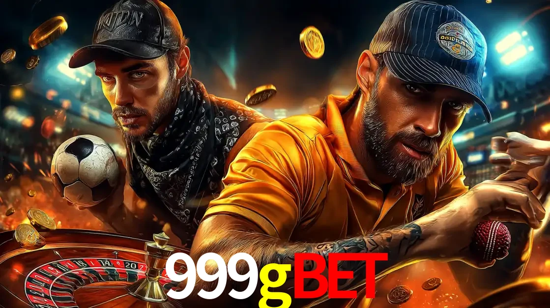 Montagem de apostas esportivas e cassino no 999gbet, com um homem segurando uma bola de futebol e outro uma de beisebol sobre uma roleta e moedas voadoras.