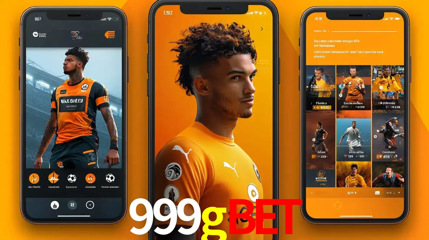 Interface do aplicativo de apostas esportivas 999gbet em três telas de celular, mostrando o perfil de um jogador de futebol e a lista de jogos disponíveis para apostar.