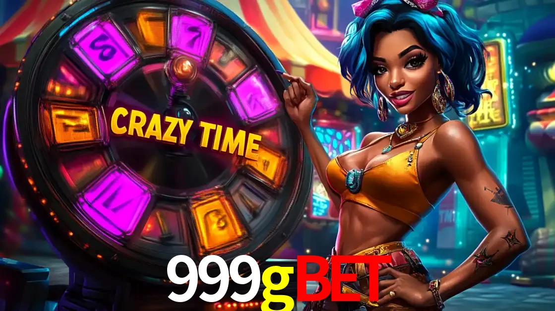 Mulher estilizada com cabelo azul e visual vibrante posando ao lado da roda de prêmios do game show Crazy Time, convidando para a diversão e os bônus do cassino 999gbet.