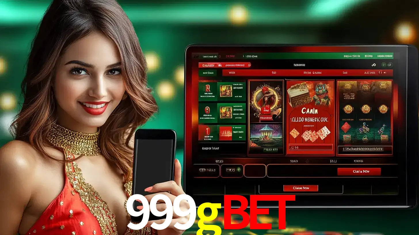 Mulher sorridente segurando um smartphone, ao lado de uma tela exibindo o lobby de jogos do cassino online 999gbet, com várias opções de jogos de cartas e slots.